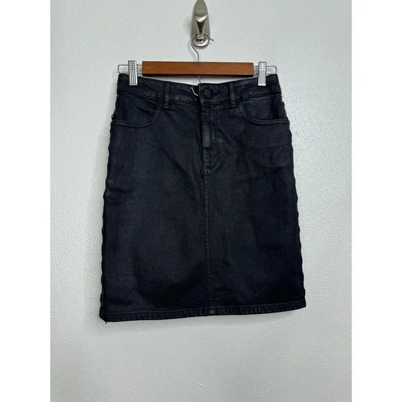 DL1961 Sandra Skirt Night Shine Black Coated Denim Lace Up Side‎ Mini Skirt M