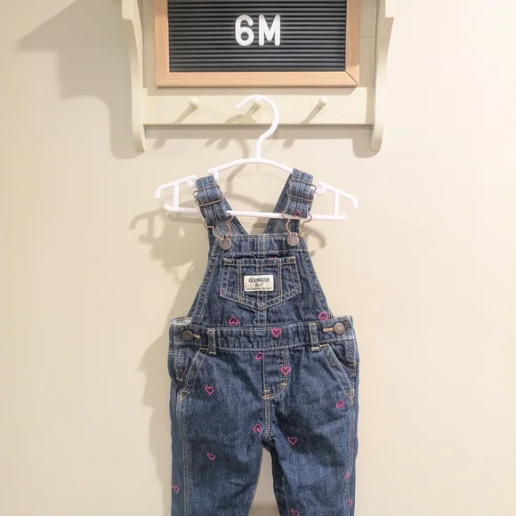 OshKosh B'gosh Blue Denim Overalls with Embroidered Pink Hearts