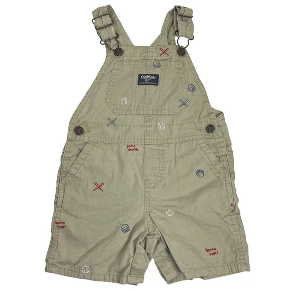 OshKosh B'gosh Baseball Embroidered Shortalls Kids 18-24M Tan Vestbak Overalls