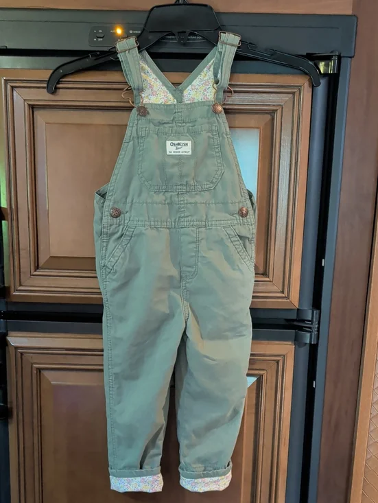 OshKosh B'gosh Olive Green Kids Overalls with Floral Trim