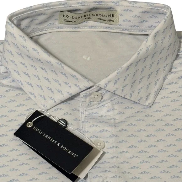 Holderness & Bourne Whitecap Shirt Skye Blue Wave Print Polo XXL Tailored Fit‎
