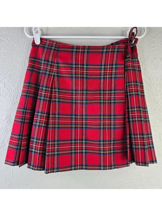 Express Pleated‎ Mini Wrap Skirt M Red Plaid Preppy Academia Grunge School Girl