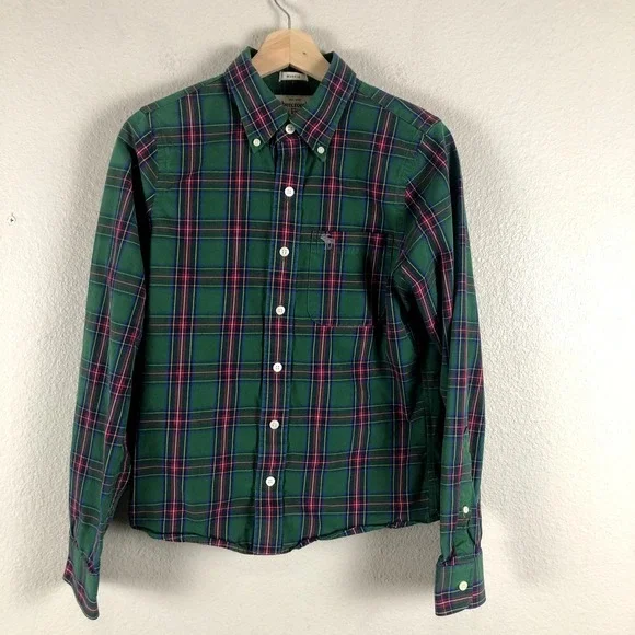 Abercrombie & Fitch Shirt‎ Mens Small Green Plaid Cotton Button Down Pocket Logo