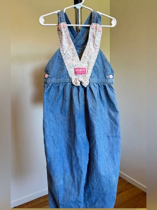 Vintage OshKosh Blue Denim Overalls with Pink Floral Straps