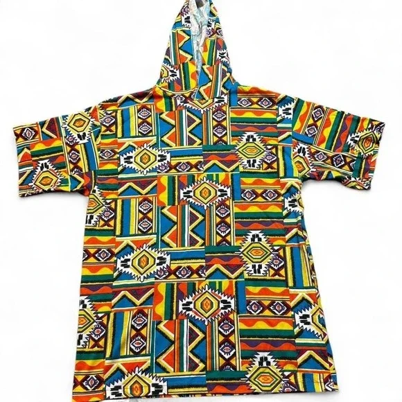 Vintage multicolor abstract hooded short sleeve funky 80s tshirt fits large‎