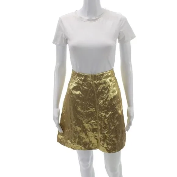 J Crew Womens Gold Metallic Viscose Mini Skirt Zip Closure Size 6