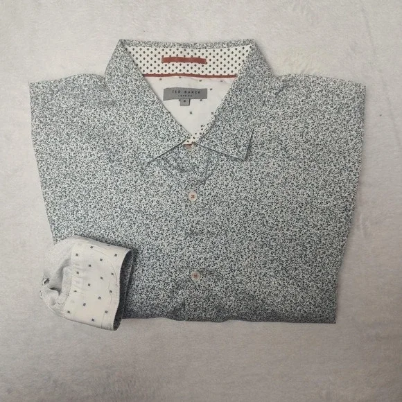 Ted Baker Shirt Mens XL White Blue‎ Floral Long Sleeve Button Up Casual