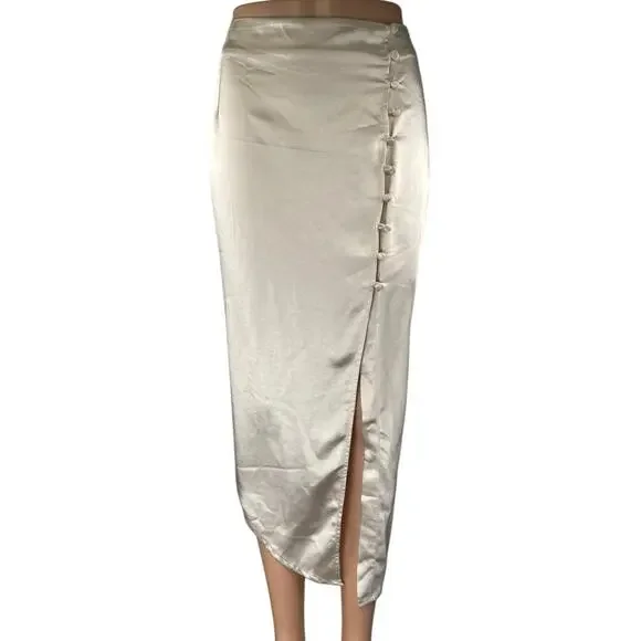 NEW Princess Polly Beige Silk Satin Asymmetric Midi Straight Pencil Slip Skirt 6