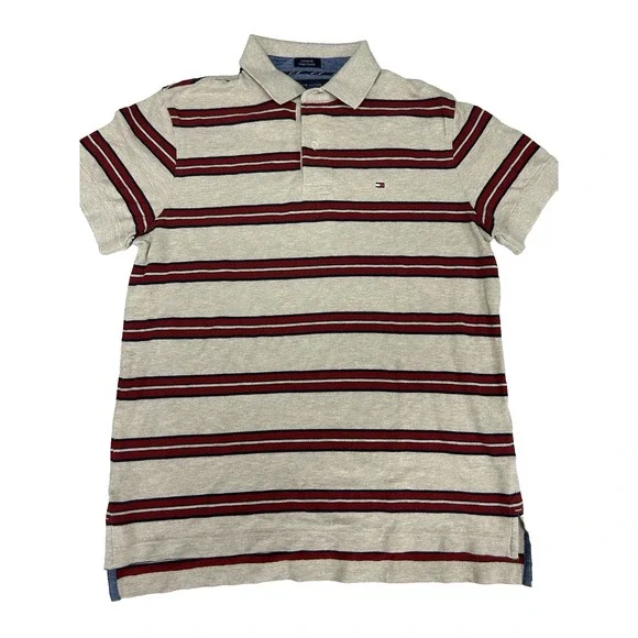 Tommy Hilfiger Polo Shirt Beige Red‎ Striped Men's M Preppy