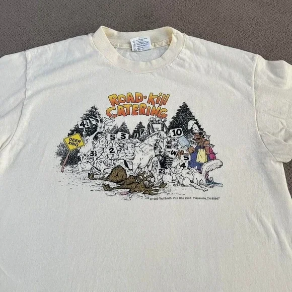 Vintage 1980s Road kill catering funny shirt  Made in USA.  Tagged‎ large