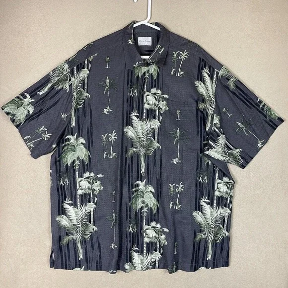 Tommy Bahama Shirt Mens XXL Black Silk Hawaiian Short Sleeve Marlin Preppy Adult