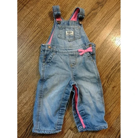 OshKosh Bgosh Baby Girls 12M Denim Overalls Pink Fleece Lined Winter Bibs