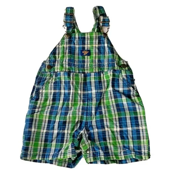 Oshkosh Boys Overall Shorts Green Blue Plaid Shoralls 18 Months