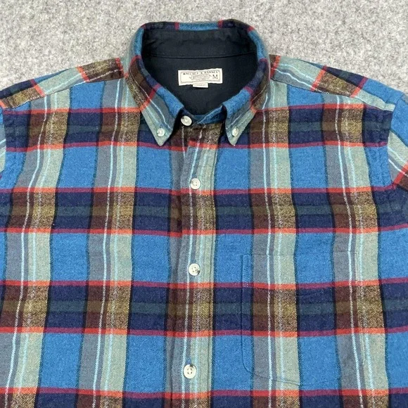 Wallace & Barnes J Crew‎ Shirt Mens Medium Blue Plaid Wool Blend Button Down