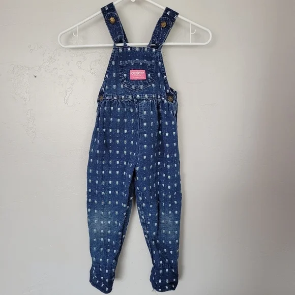 OshKosh B'gosh Vintage Overalls Toddler Girl 4T Blue Denim Embroidered Tulips 90