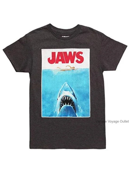 Retro Jaws Poster Graphic Crew Neck Short Sleeve Cotton T-Shirt