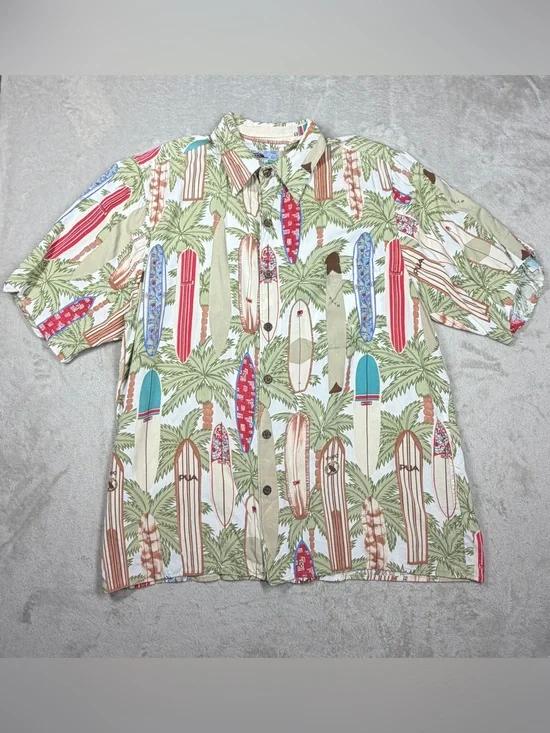 Vintage Reyn Spooner Hawaiian Surfboard Tropical White Cream Collared Shirt S