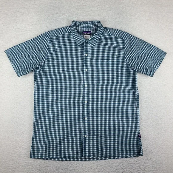 Patagonia Shirt Mens XL Blue Teal Plaid Preppy Seersucker Button Up Short Sleeve