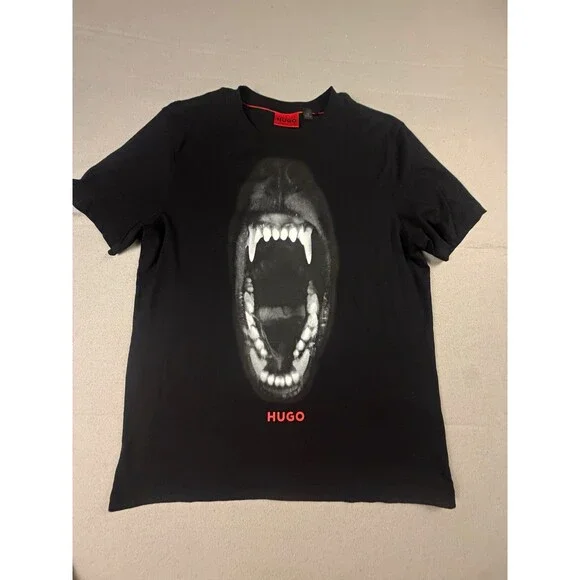 HUGO Men's Black Graphic Logo Print Crew Neck Short Sleeve T-Shirt Regular M