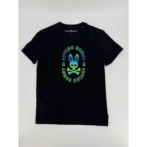 Psycho Bunny Mens Black Pima Cotton Neon Gradient Graphic Logo T-Shirt Size XS 3