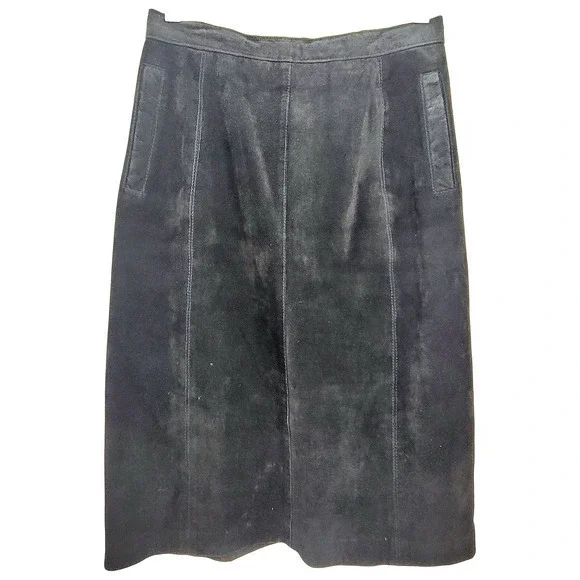 Bianca Vintage Leather Suede Pockets Back‎ Slit zip Modest Straight Midi Skirt