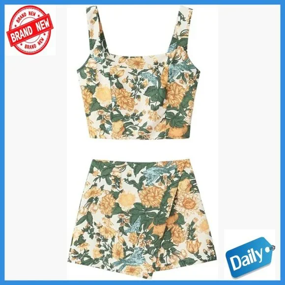 Floral Two Piece Skirt Set Sleeveless Crop Top Mini Skirt Polyester Spandex