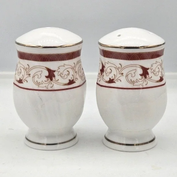 Vintage Fine China Burgundy & Gold Scroll Salt and Pepper Shakers Set 3