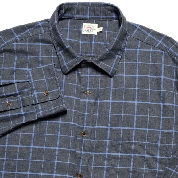 Faherty The Movement Button Shirt Men 2XL Performance Gray‎ Blue Windowpane
