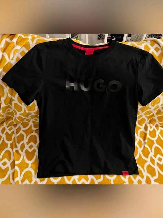 HUGO Men's Logo T-Shirt Black Crew Neck Short Sleeve Size S Regular