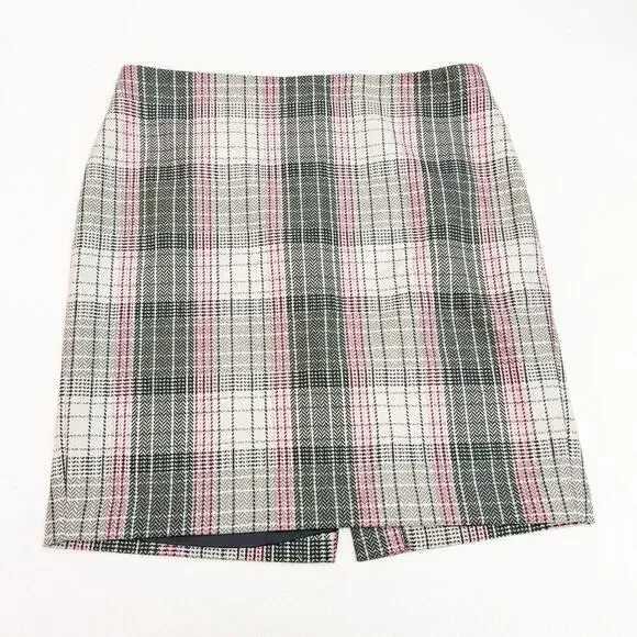 Talbots Plaid Wool Pencil Skirt Gray Pink Size 14