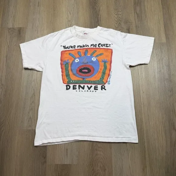 Vintage Shirt Mens XL White Big Head Designs Denver Colorado Graphic