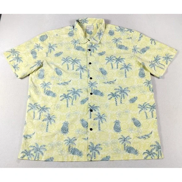 Trader Bay Shirt Mens 2XL Yellow Hawaiian Palm Pineapple Print Aloha Casual AOP