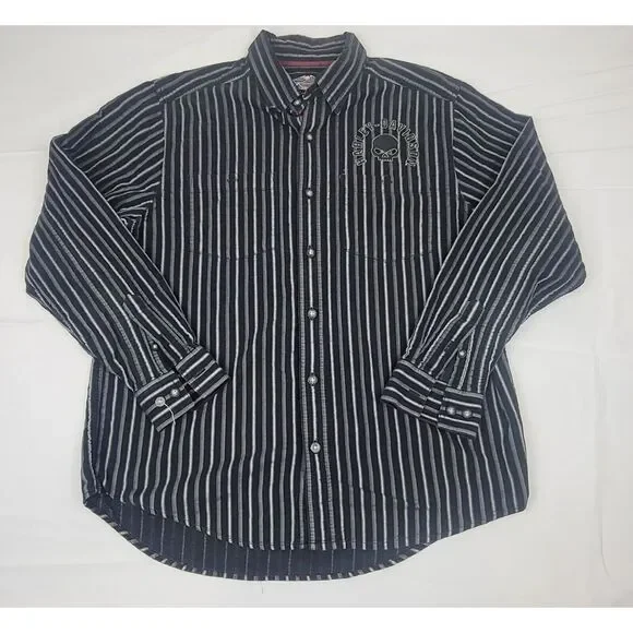 Harley Davidson Button Up Shirt‎ Mens Large. Vintage Black Striped Longsleeve.