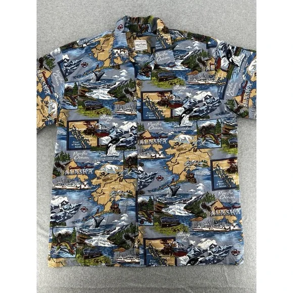 David Carey Alaska Hawaiian Shirt Mens 4XL Blue Map Print Button Up‎