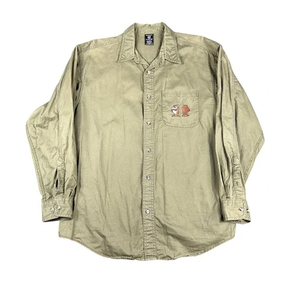 Vintage 1997 Warner Bros Looney Tunes Taz Tasmanian Devil Olive Button Down L
