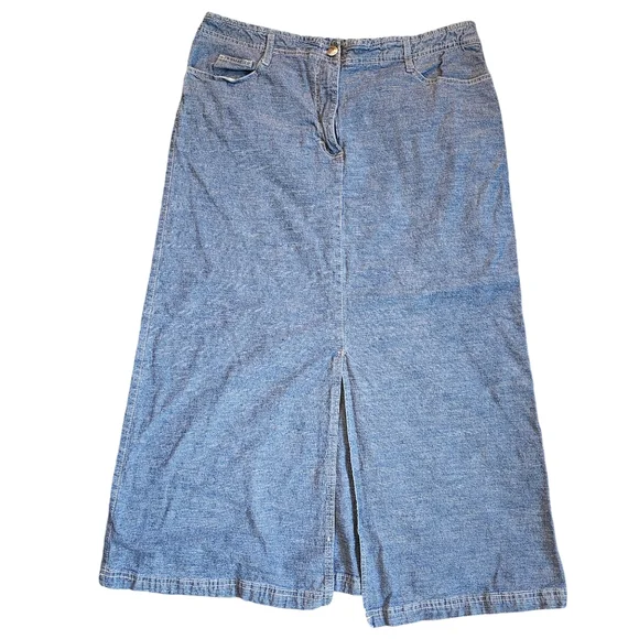 Sag Harbor medium wash denim midi skirt front slit zipper button closure size 14