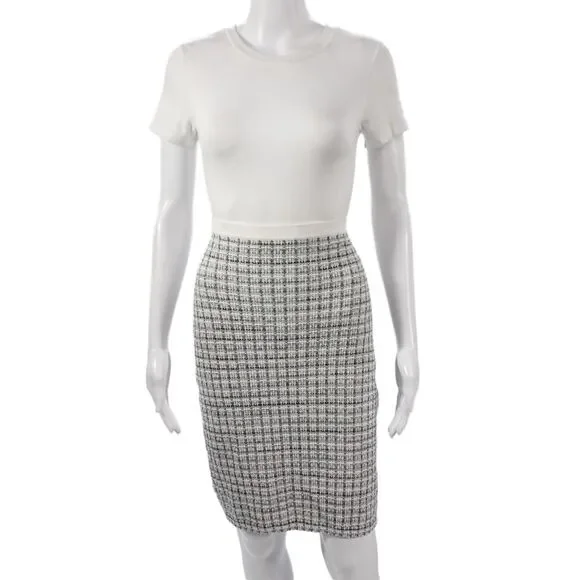 Karl Lagerfeld Women Sweater Dress White Plaid Crew Short Sleeve Knee Size S
