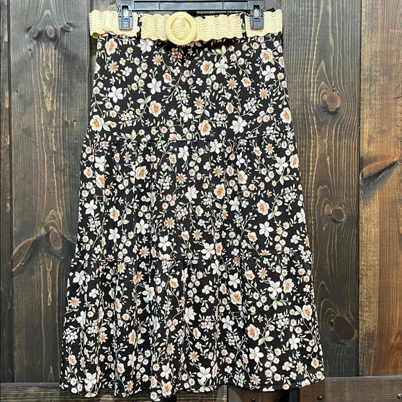 Boho Black Multi Floral Belted Midi Skirt S Tiered Chic Cottagecore Romantic EUC