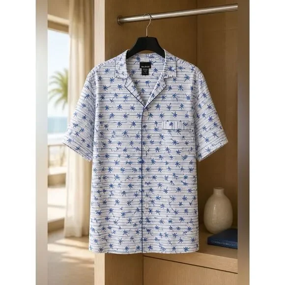 COLAR LESS V-NECK SHORT SLEEVE TROPICAL SHIRT by BILL BLASS SIZE LARGE
