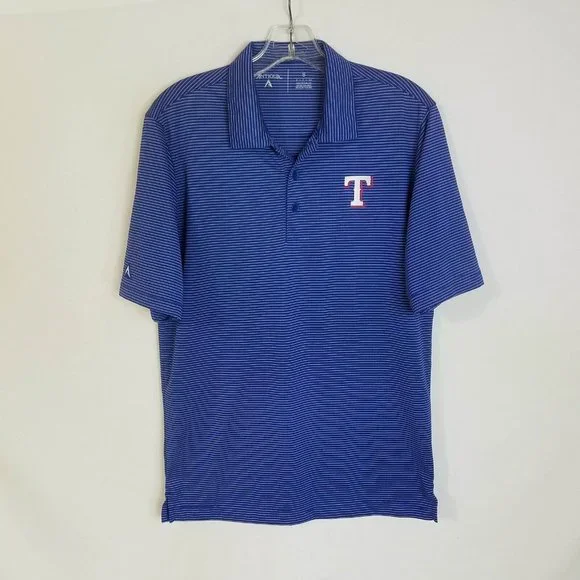 Texas‎ Rangers Antigua Blue Striped Polyester Polo Shirt Mens Size Small K511P
