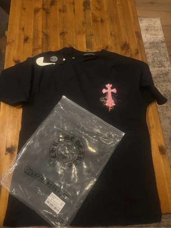 Chrome Hearts Men’s Black T‑Shirt with Pink Cross Graphic