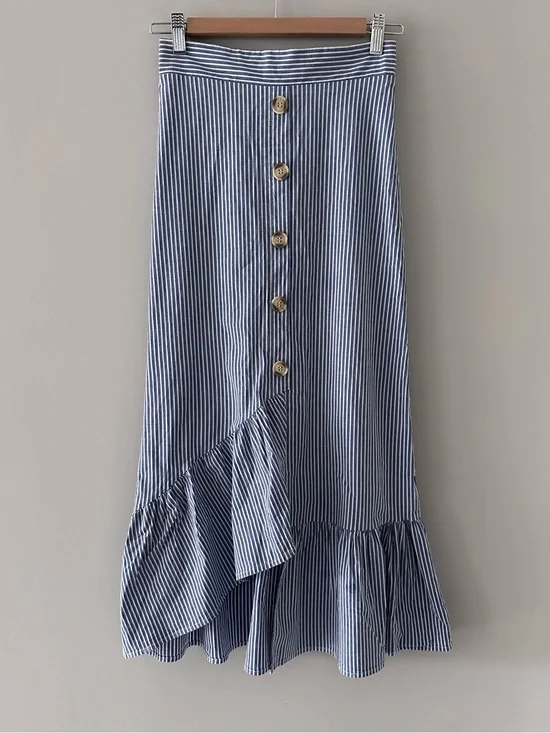 Striped Blue Button-Front Midi Skirt with Ruffle Hem