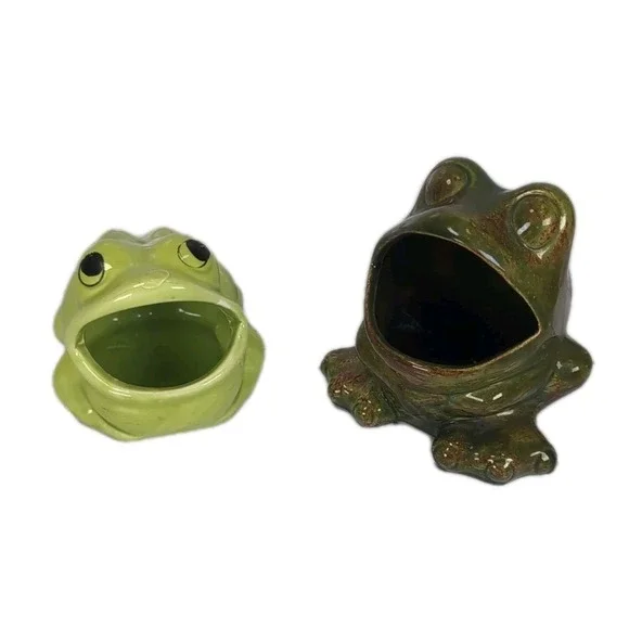 2 Vintage Frogs Ceramic Open Mouth Succulent Planters Pots Or Sponge Holders Set