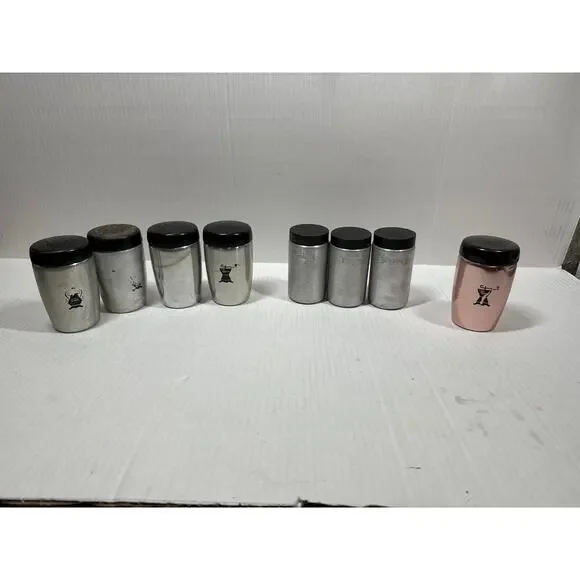 Set of 8 Vintage Metal Spice Jars West Bend Spun Aluminum Mixed‎ Lot