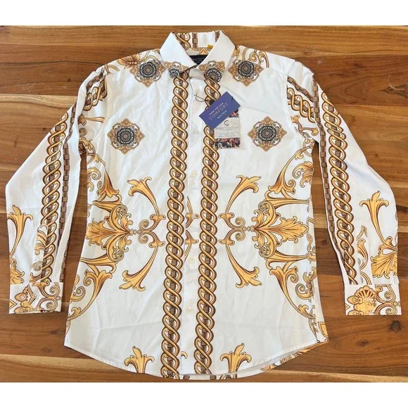 Suslo Couture Mens Slim Fit Baroque Chain Print Shirt White Gold SC702-1 M NEW