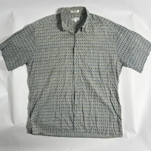 Pierre‎ Cardin Men's Green/Blue/Beige Geometric Woven Cotton Button-Up SS L 48