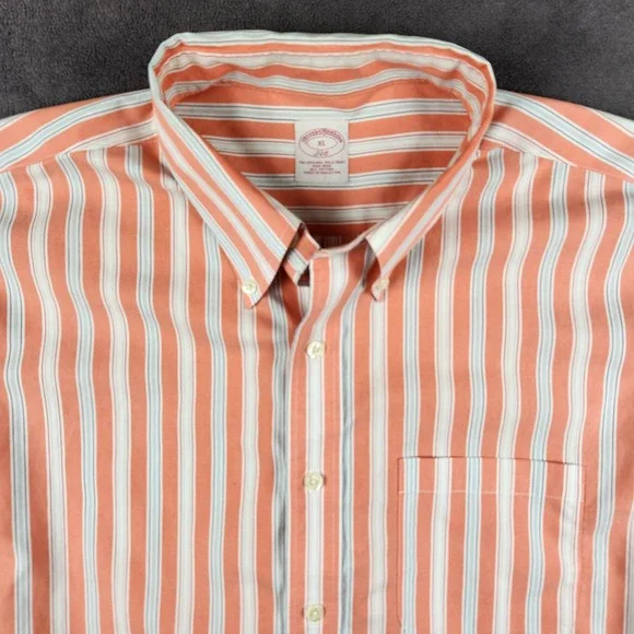 Brooks Brothers 346 Shirt Mens XL Orange White Striped Non-Iron Cotton Button Up