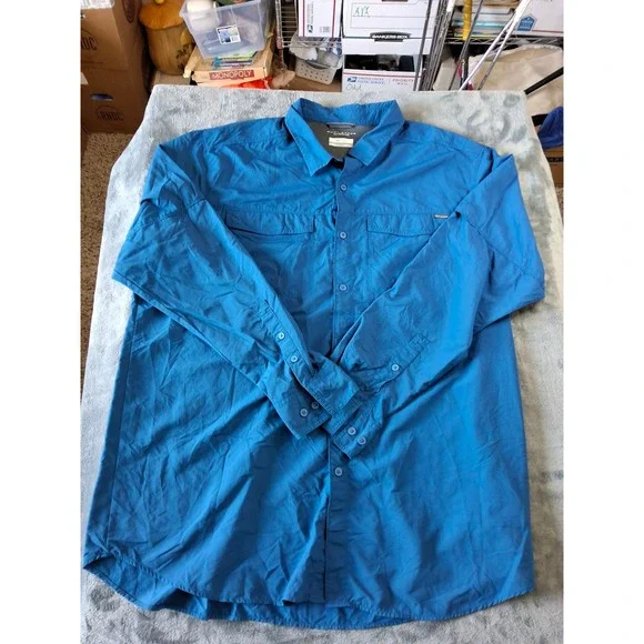 Columbia Mens Omni-Shade Blue Long Sleeve Fishing Hiking Shirt 2XT Tall‎
