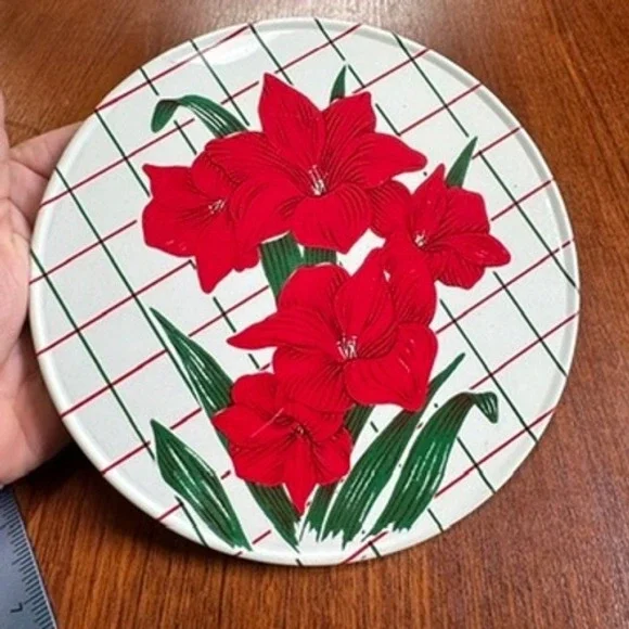 Pro-Tex Vintage 1970 Metal Trivet Hot Pad Red Floral Amaryllis 7