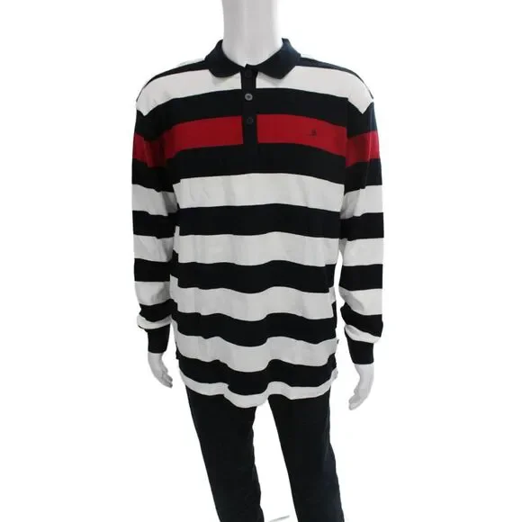 Ponant Mens Long Sleeve Collared Striped Polo Shirt Red Black White Size XL